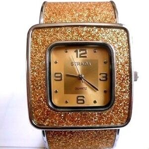 NOS Strada Gold Glitter Cuff Bangle Watch Square Face Quartz Japan Silver Tone